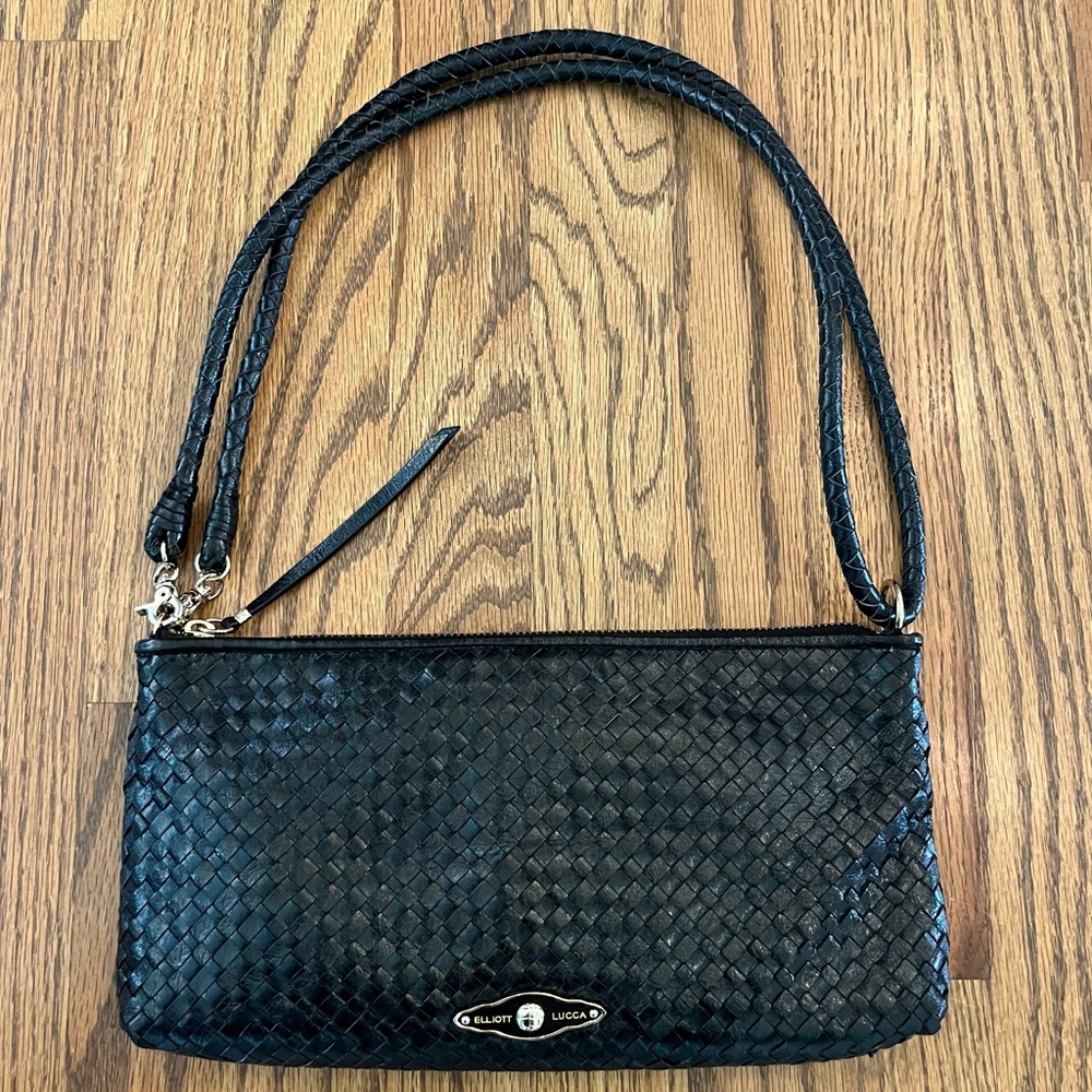 Elliott Lucca Black Woven Leather Convertible Crossbody Shoulder Bag